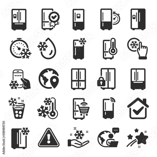 Fridge icons. Refrigerator, freezer storage, smart fridge machine. Water with ice, cooler box, thermometer icons. Wi-fi remote access, thermostat timer, smart freezer. Flat icon set. Vector