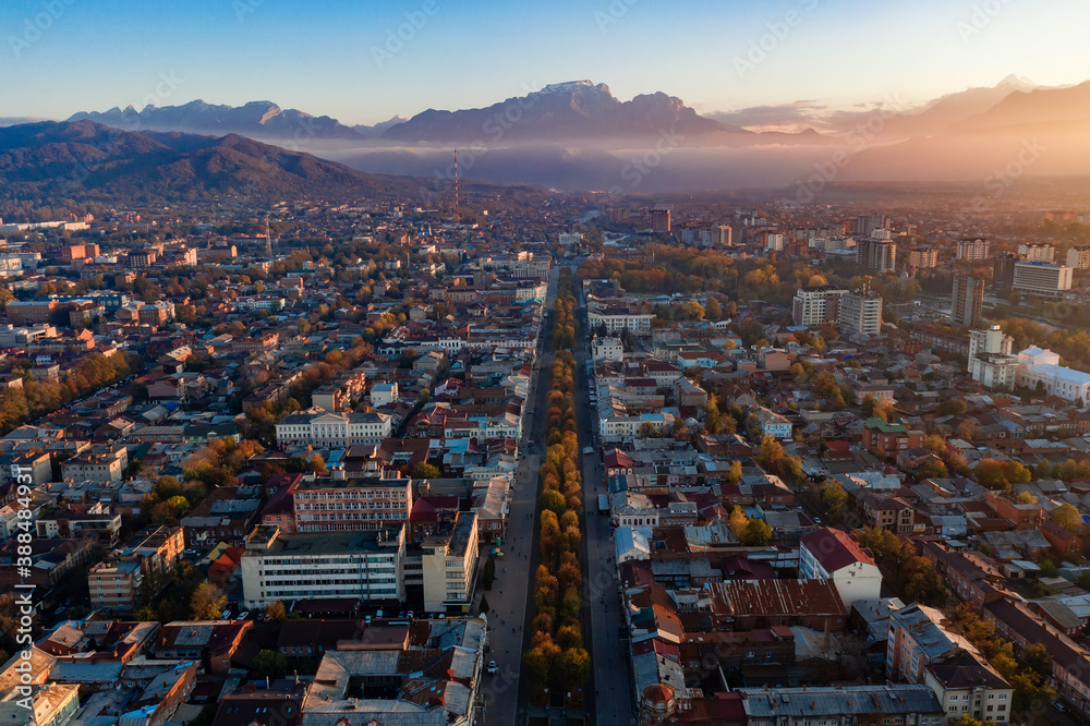 Obraz premium Mira street in Vladikavkaz city at sunset, shooted by drone