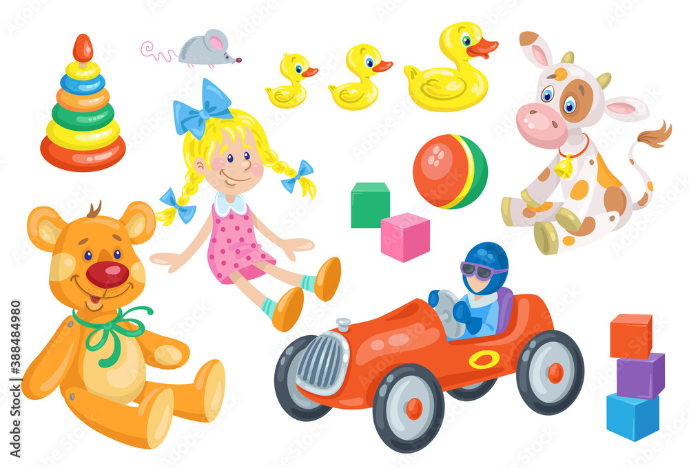Kids toys. Cute doll, funny teddy bear, wooden baby bull, red car, rubber ducks, ball, cubes, pyramid and little mouse. In cartoon style. Isolated on white background. Vector flat illustration. Kids toys. Cute doll, funny teddy bear, wooden baby bull, red car, rubber ducks, ball, cubes, pyramid and little mouse. In cartoon style. Isolated on white background. Vector flat illustration.