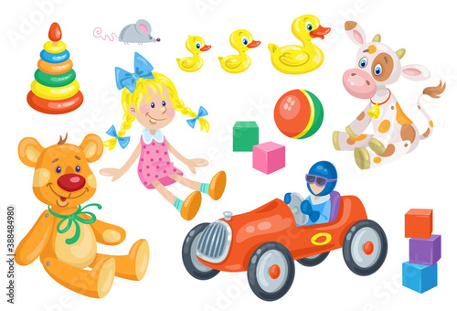 Kids toys. Cute doll, funny teddy bear, wooden baby bull, red car, rubber ducks, ball, cubes, pyramid and little mouse. In cartoon style. Isolated on white background. Vector flat illustration. 