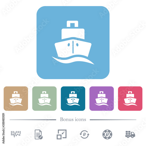 Cruise ship flat icons on color rounded square backgrounds