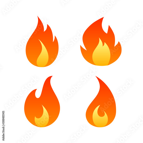 Flat fire flames set isolated on white background. Collection of hot cartoon light effect red and orange elements for web, game, design, app, infographics. Vector illustration