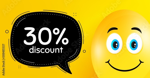 30% Discount. Easter egg with smile face. Sale offer price sign. Special offer symbol. Easter smile character. Discount black speech bubble. Yellow egg background. Vector