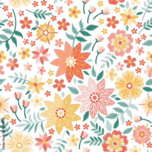 Embroidery seamless pattern with flowers and leaves in folk style. Print for fabric and textile. Embroidered fashion design.