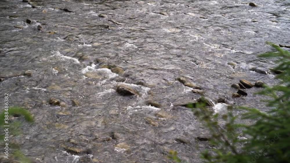 Close-up of clear water flowing in a small mountain river, shallow depth of field. High quality 4k footage Close-up of clear water flowing in a small mountain river, shallow depth of field. High quality 4k footage