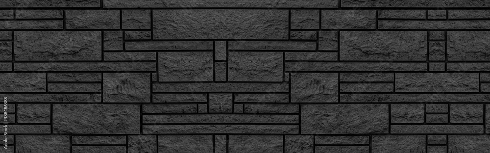 Panorama of Block pattern of black stone cladding wall tile texture and ...