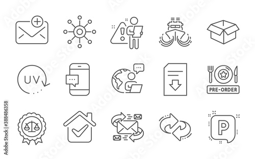 Parking, Multichannel and Smartphone message line icons set. Download file, E-mail and Justice scales signs. Refresh, New mail and Uv protection symbols. Pre-order food, Ship and Opened box. Vector