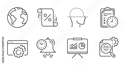 Time management, Face scanning and Exam time line icons set. Presentation, World planet and Seo gear signs. Loan percent, Seo stats symbols. Alarm clock, Faces detection, Checklist. Vector