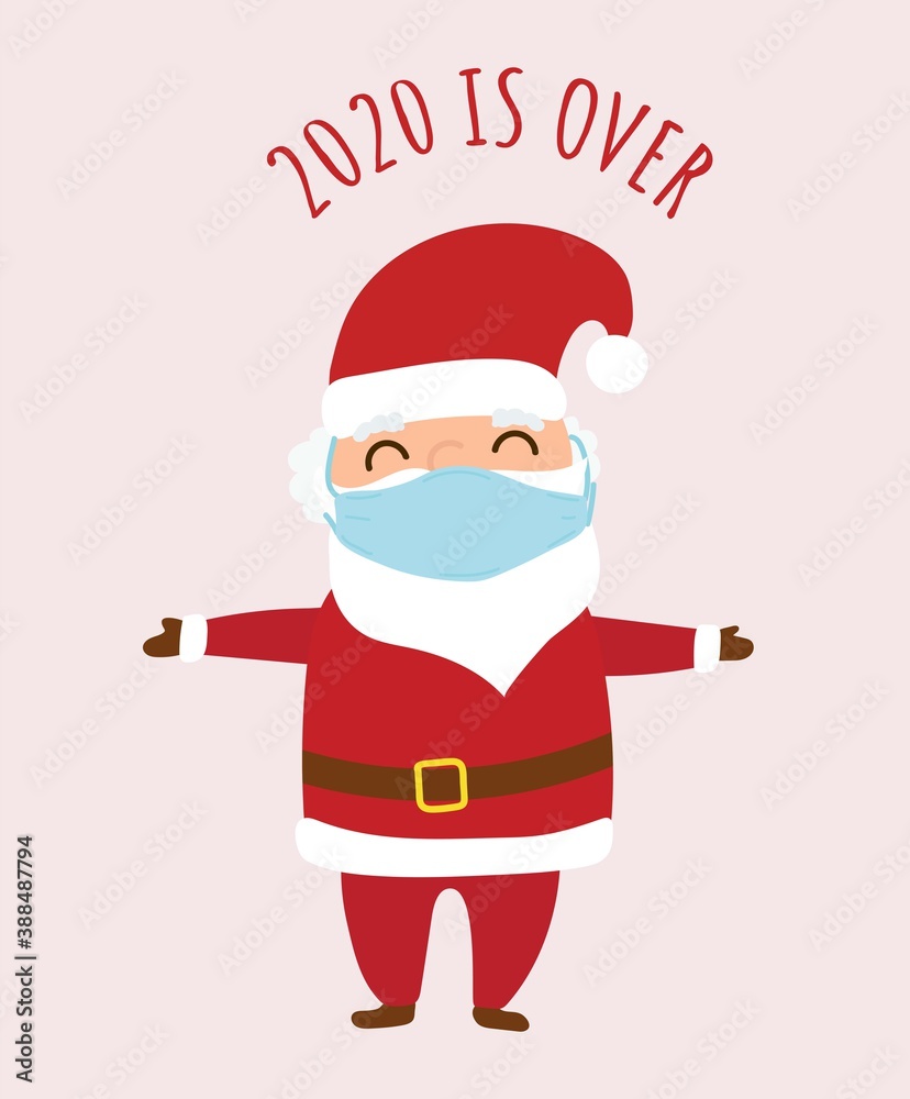 Joyful Santa Claus with a medical mask on his face smiles. Hands to the side. Red suit, grey hair and eyebrows. 2020 is over. cartoon vector illustration. Joyful Santa Claus with a medical mask on his face smiles. Hands to the side. Red suit, grey hair and eyebrows. 2020 is over. cartoon vector illustration.