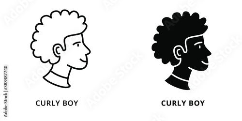 Curly Boy Head Avatar Icon Line And Glyph Style. Male Profile Photo Silhouette Symbol Illustration. Employee Member Person Avatars Logo Vector. Young Men People Character User Profile