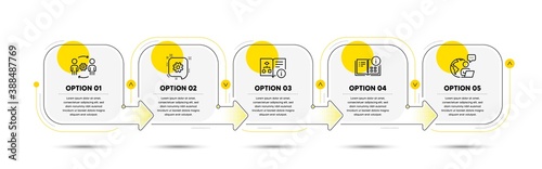 Instruction info, Technical algorithm and Engineering team line icons set. Timeline process flowchart. Cogwheel sign. Project, Project doc, Engineer person. Engineering. Industrial set. Vector