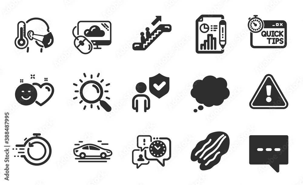 Smile, Search and Cloud computing icons simple set. Sick man, Time management and Security signs. Comic message, Quick tips and Blog symbols. Fast recovery, Car and Report document. Vector Smile, Search and Cloud computing icons simple set. Sick man, Time management and Security signs. Comic message, Quick tips and Blog symbols. Fast recovery, Car and Report document. Vector