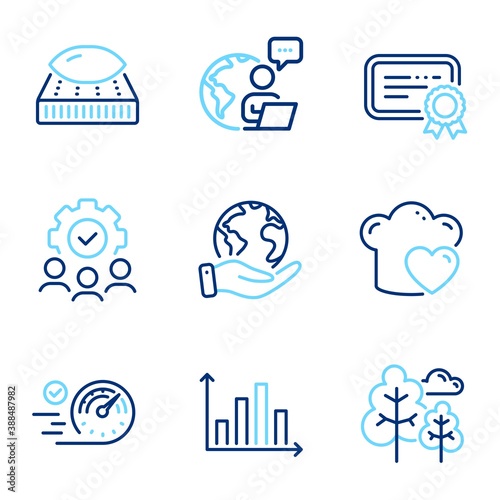 Business icons set. Included icon as Diagram graph, Save planet, Love cooking signs. Tree, Speedometer, Certificate symbols. Teamwork, Mattress line icons. Presentation chart, Outsourcing. Vector