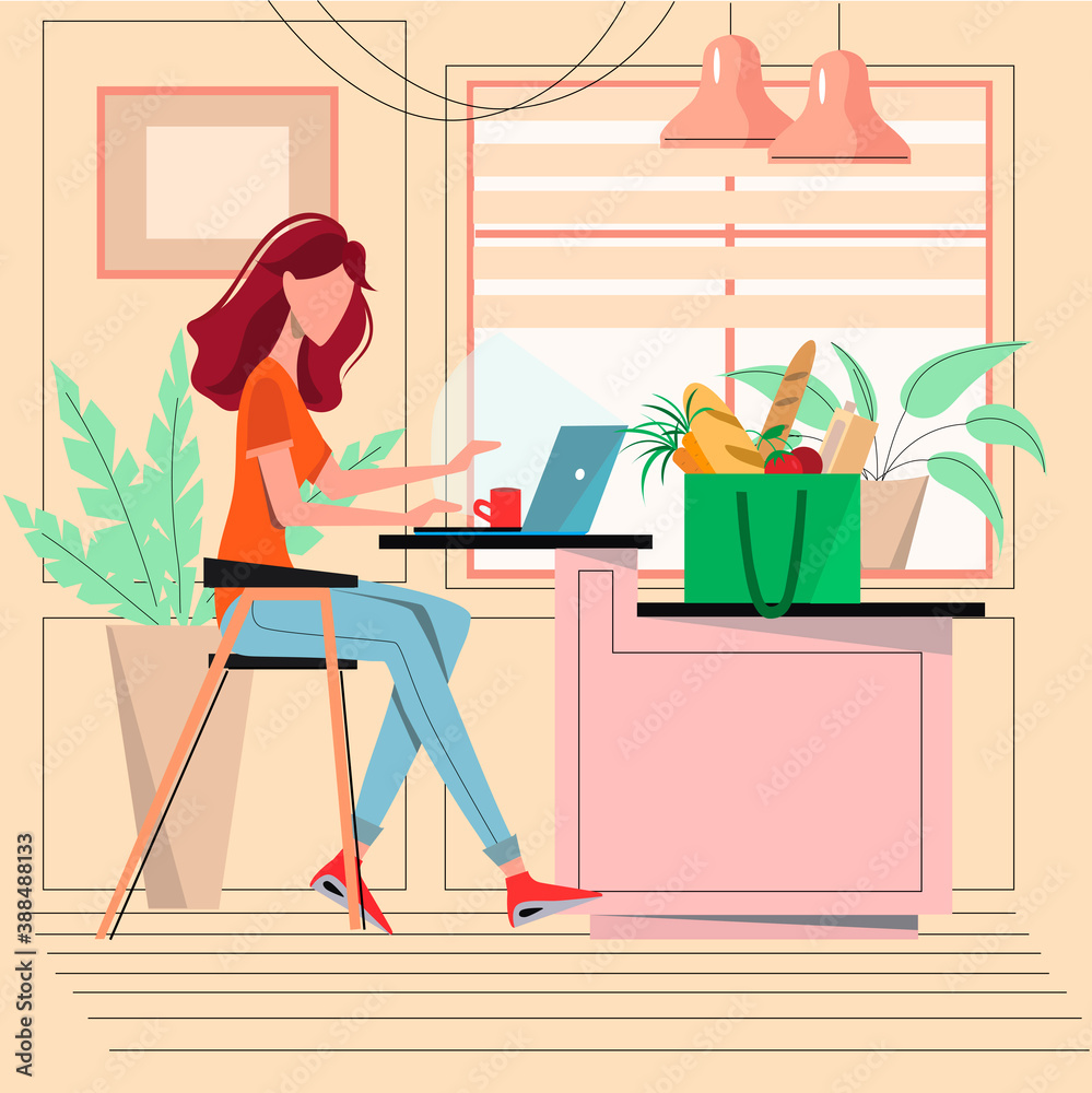 girl works at the laptop at home. Kitchen interior. Home food orders concept. Vector illustration