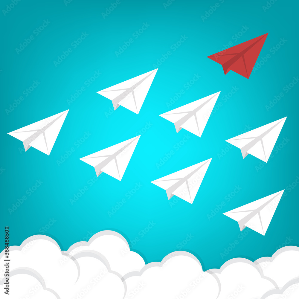 Leadership Concept. Red Paper Airplane Leading White Paper Airplanes. Leadership Concept. Red Paper Airplane Leading White Paper Airplanes.