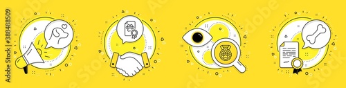 Dog certificate, Pets care and Dog competition line icons set. Megaphone, licence and deal vector icons. Winner award, Shelter, Winner medal. Pets food. Animals set. Vector