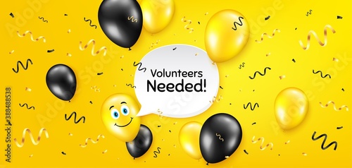 Volunteers needed. Balloon confetti vector background. Volunteering service sign. Charity work symbol. Birthday balloon background. Volunteers needed message. Celebrate yellow banner. Vector