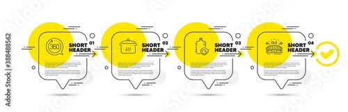 Refill water, 360 degrees and Boiling pan line icons set. Timeline infograph speech bubble. Sports arena sign. Cooler bottle, Full rotation, Cooking utensil. Event stadium. Business set. Vector