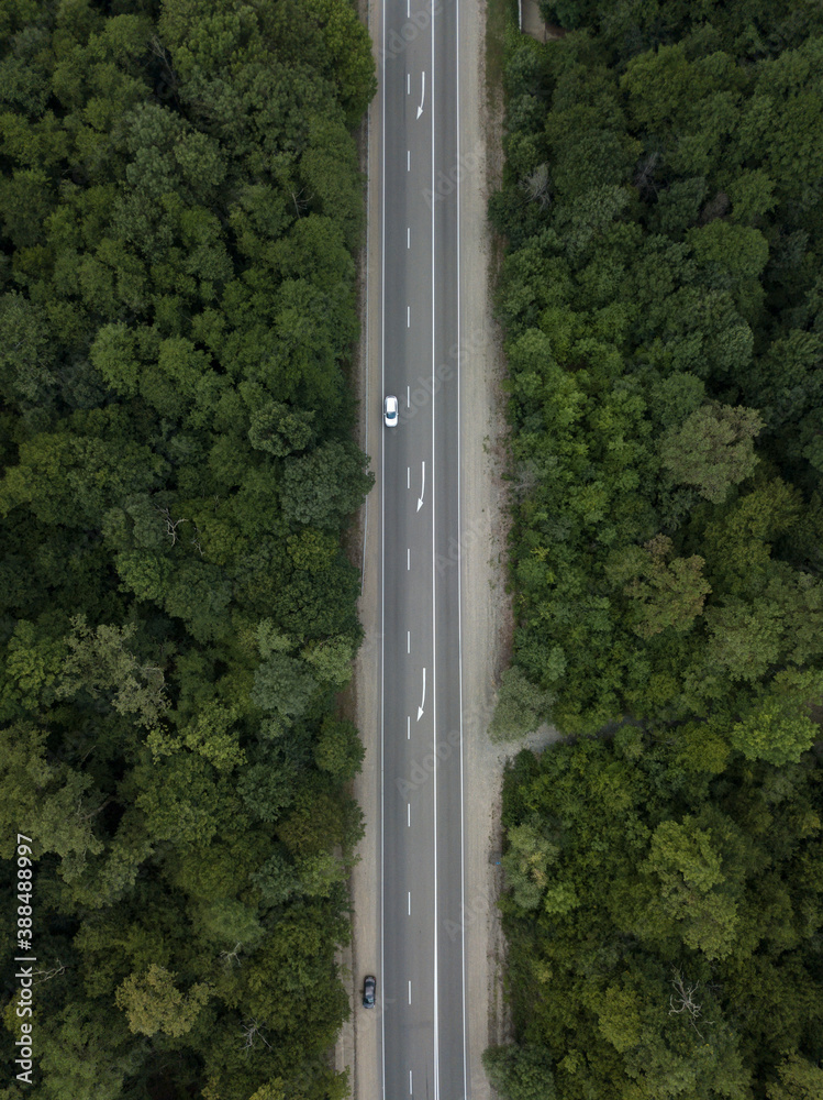 Aerial top down view of road in forest in mountains. Cars driving on highway in the woods. Summer landscape. Auto trip, Krasnodar krai Russia.
