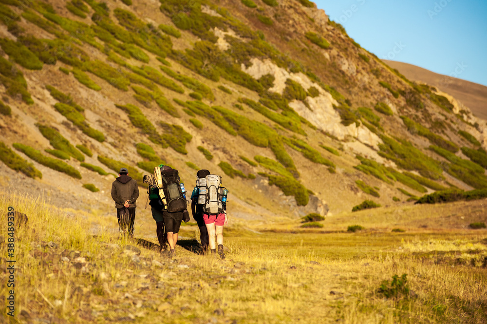 Group of young hikers trekking in mountains. Two women two men backpacking in summer near Sary Chelek lake, Sary-Chelek Jalal Abad region, Kyrgyzstan, Trekking in Central Asia.
