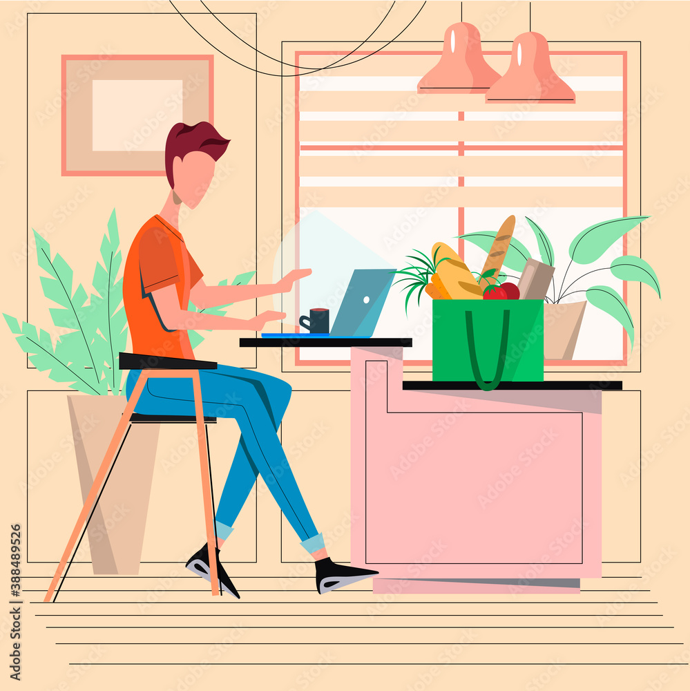 Men works at the laptop at home. Kitchen interior. Home food orders concept. Vector illustration Men works at the laptop at home. Kitchen interior. Home food orders concept. Vector illustration