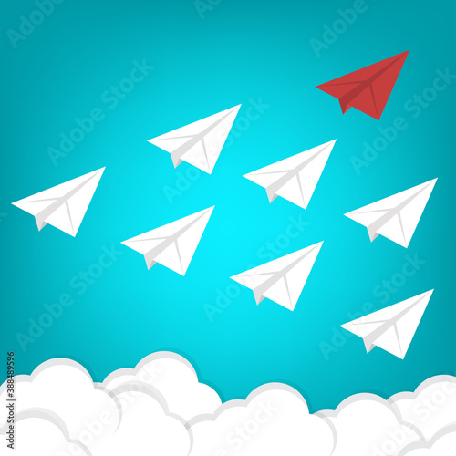 Leadership Concept. Red Paper Airplane Leading White Paper Airplanes.
