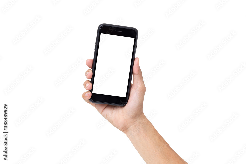 Hand business man holding mobile smartphone with blank screen isolated on white background with clipping path Hand business man holding mobile smartphone with blank screen isolated on white background with clipping path