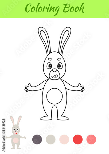 Coloring page happy hare. Coloring book for kids. Educational activity for preschool years kids and toddlers with cute animal. Flat cartoon colorful vector illustration.