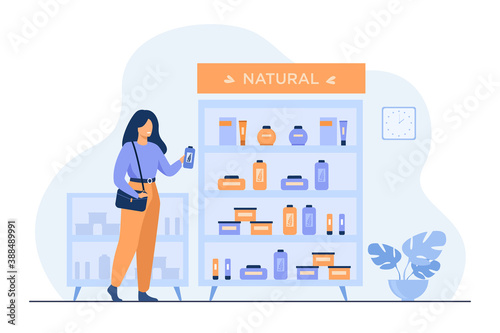 Girl choosing eco beauty products in cosmetics shop, standing at case with creams and lotions and taking shampoo bottle. Flat vector illustration for skincare, body care, cosmetology concepts