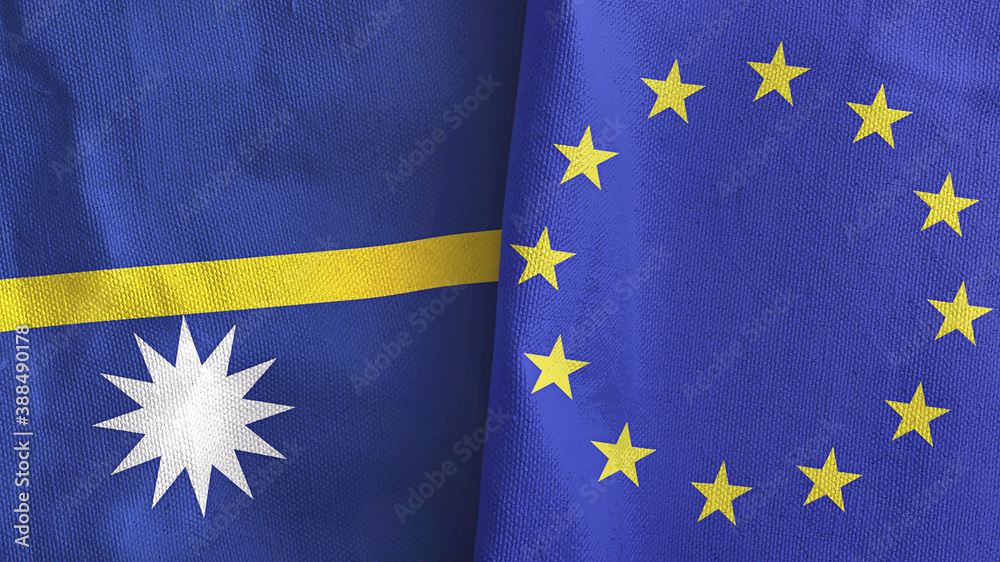 Fototapeta premium European Union and Nauru two flags textile cloth 3D rendering