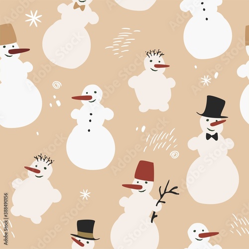 Seamless pattern with snowmen isolated on beige. Vintage background for wrapping paper, textiles, Wallpaper. Collection of decorative cartoon snowmen in simple Scandinavian style. Vector illustration.