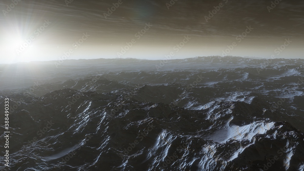 Space background, alien fantasy landscape with rocks and craters, orange planet empty surface, cloudy sky and falling comet, 3d render