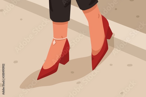 Woman red casual acute toe shoes with low square heel. Female feet with leg bracelet in stylish elegant summer footwear. Fashionable street style flat vector cartoon illustration