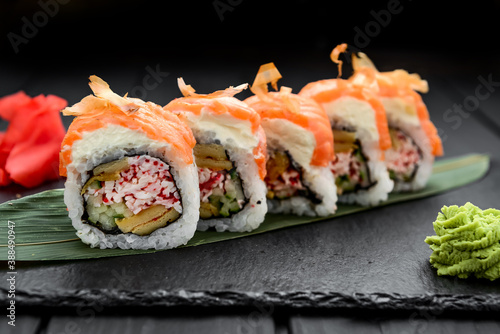 Roll set served on a stone plate on a table