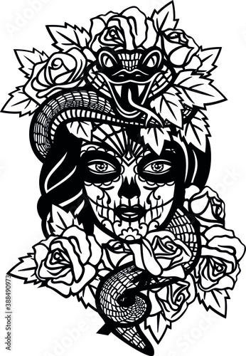 Mexican Calavera with a Crown of Roses for Cutting Vinyl Wall Decal Sticker and T-shirt Designs