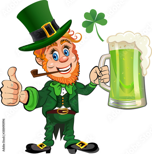 St. Patrick's Day, cheerful Leprechaun with mug of green beer