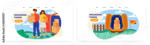 Moving service vector concept illustration. Family relocate and move to another house. Open delivery truck with cardboard packages. Unloading boxes. Web site design template