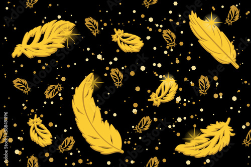 seamless pattern with gold feathers and glitter