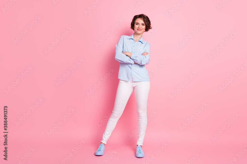 Full length body size view of her she nice attractive lovely content cheerful skinny brown-haired girl wearing cosy look folded arms isolated over pink pastel color background