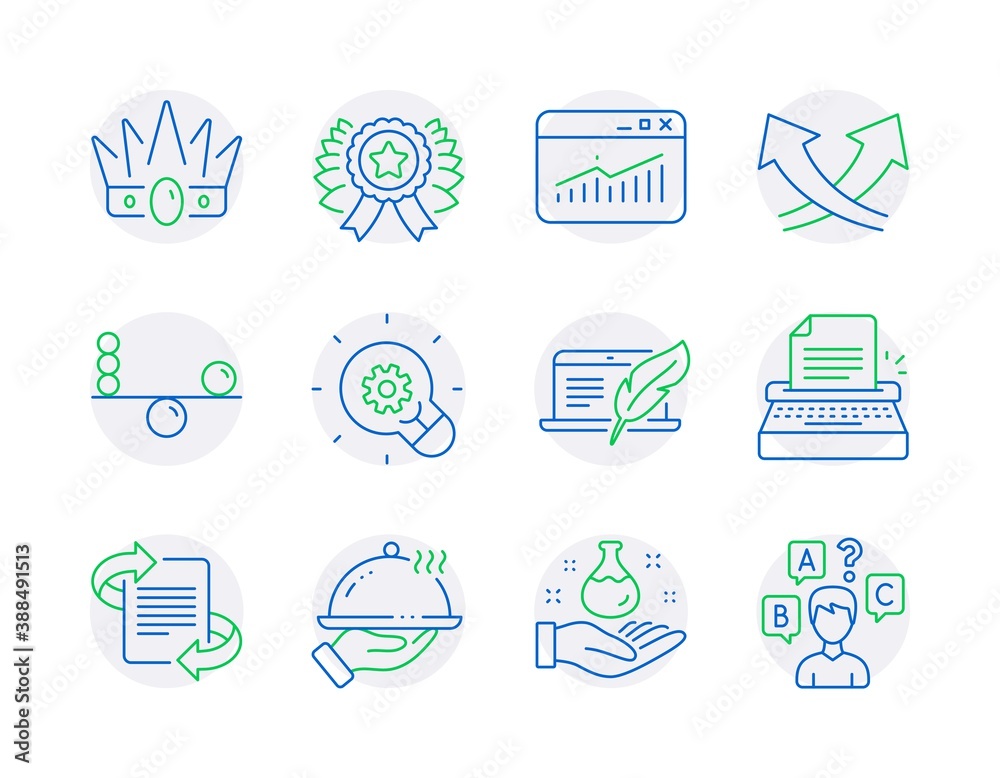 Business icons set. Included icon as Typewriter, Chemistry lab, Marketing signs. Restaurant food, Intersection arrows, Innovation symbols. Crown, Balance, Winner ribbon. Copyright laptop. Vector