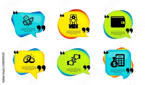 Oculist doctor, Wedding rings and Money wallet icons simple set. Speech bubble with quotes. Click hands, Leaves and Finance calculator signs. Optometrist, Love, Payment method. Vector