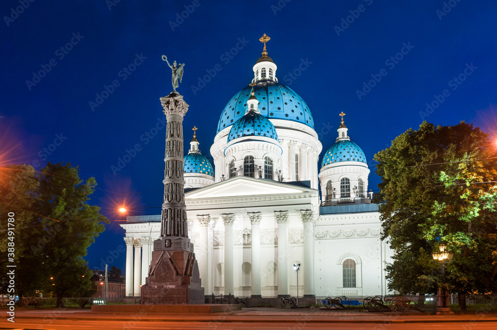St. Petersburg. Trinity Izmailovsky Cathedral. Column of Glory. Night landscape. Russia