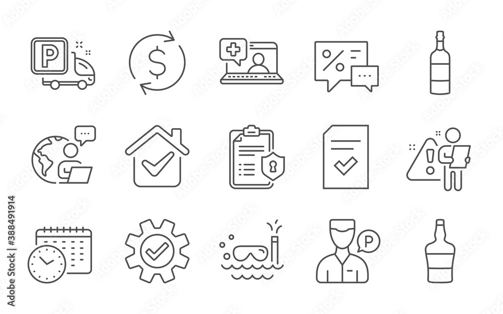 Calendar time, Service and Dollar exchange line icons set. Medical help, Valet servant and Brandy bottle signs. Scuba diving, Discounts and Checked file symbols. Line icons set. Vector