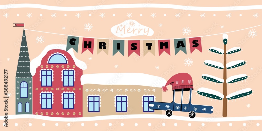 Christmas card with houses, cars, trees and snowfall. Vector hand drawn winter urban landscape