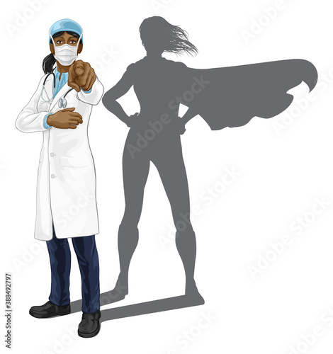 Wallpaper Mural A female doctor super hero woman with stethoscope and mask PPE