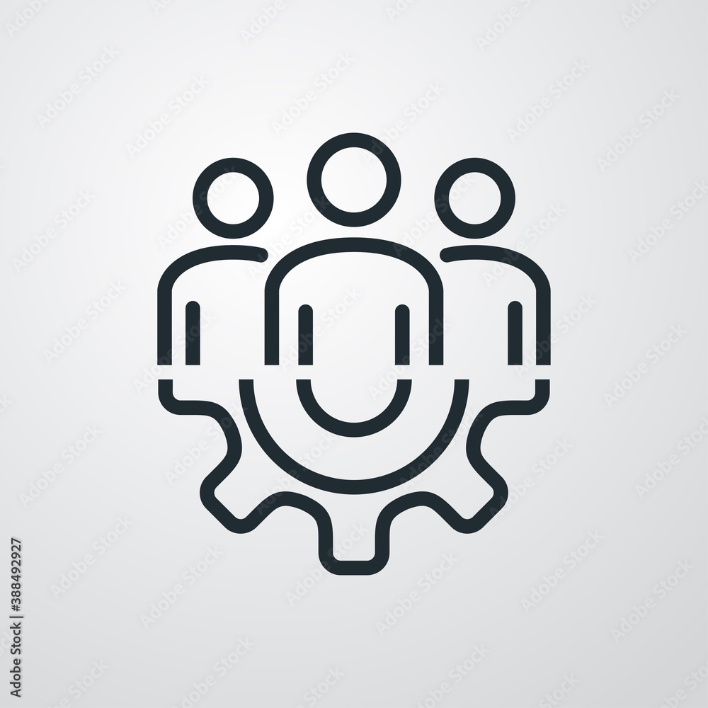 Trabajo en equipo. Icono lineal grupo de personas en engranaje en fondo gris Trabajo en equipo. Icono lineal grupo de personas en engranaje en fondo gris