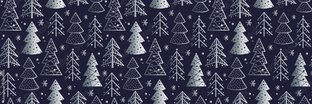 Colored seamless pattern wallpaper with christmas forest silhouette for the new year holiday. Winter illustration of spruce tree for december design