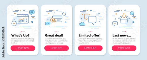 Set of Technology icons, such as Payment method, Web traffic, Speech bubble symbols. Mobile app mockup banners. Get box line icons. Cash or non-cash payment, Website window, Chat message. Vector