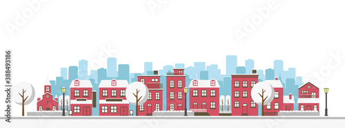 Modern city / town street flat vector illustration (winter season)