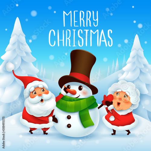 Merry Christmas! Santa Claus and Mrs Claus building snowman.Vector illustration of Christmas character on snow scene.
